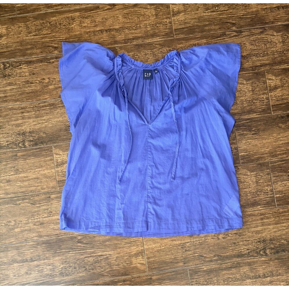 GAP Cornflower Blue Cotton Flutter Sleeve Tie-Neck Top - S